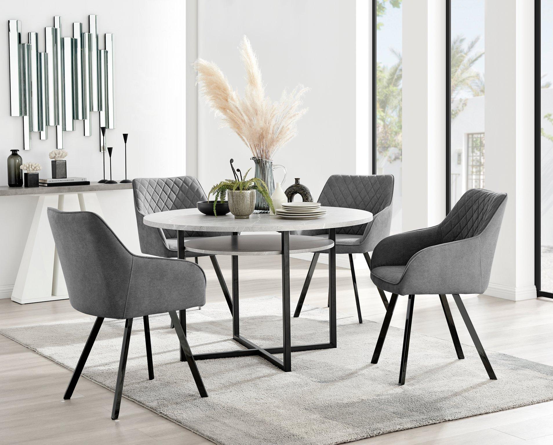 Adley Grey Concrete Effect Round Dining Table & 4 Falun Black Leg Fabric Chairs